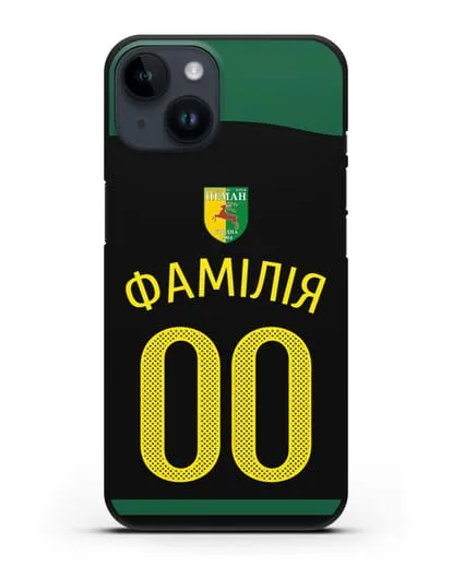 Именной чехол ФК Неман Гродно с фамилией и номером черная форма силиконовый для iPhone 14
