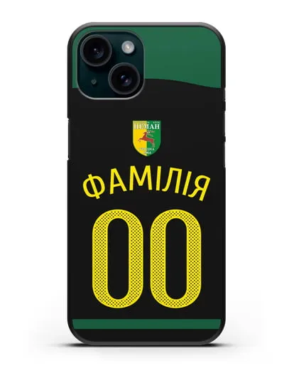 Именной чехол ФК Неман Гродно с фамилией и номером черная форма силиконовый для iPhone 15