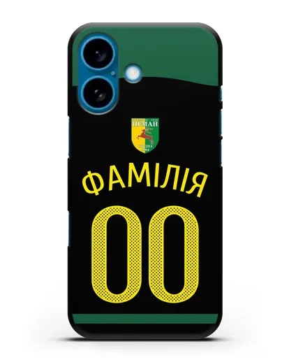 Именной чехол ФК Неман Гродно с фамилией и номером черная форма силиконовый для iPhone 16