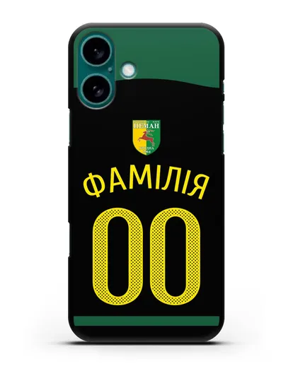 Именной чехол ФК Неман Гродно с фамилией и номером черная форма силиконовый для iPhone 16 Plus