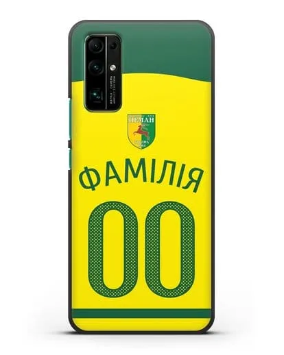 Именной чехол ФК Неман Гродно с фамилией и номером желтая форма силиконовый для Honor 30