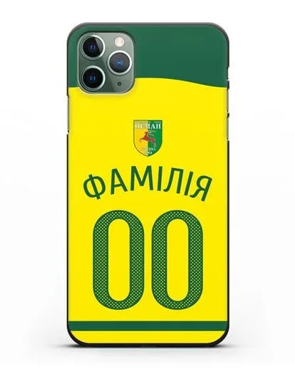 Именной чехол ФК Неман Гродно с фамилией и номером желтая форма силиконовый для iPhone 11 Pro Max