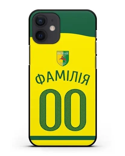 Именной чехол ФК Неман Гродно с фамилией и номером желтая форма силиконовый для iPhone 12 mini