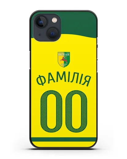 Именной чехол ФК Неман Гродно с фамилией и номером желтая форма силиконовый для iPhone 13 Mini