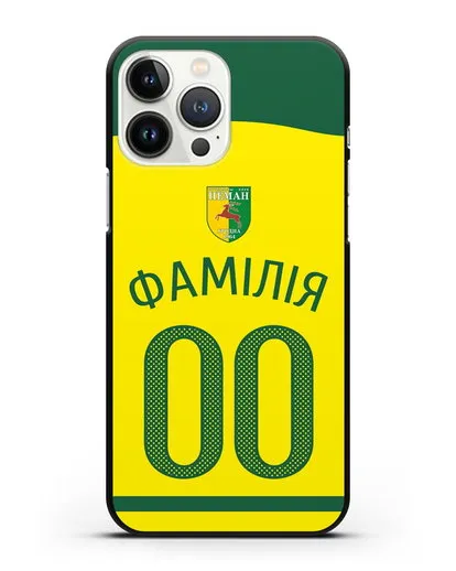 Именной чехол ФК Неман Гродно с фамилией и номером желтая форма силиконовый для iPhone 13 Pro Max