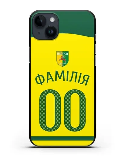 Именной чехол ФК Неман Гродно с фамилией и номером желтая форма силиконовый для iPhone 14 Plus