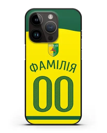 Именной чехол ФК Неман Гродно с фамилией и номером желтая форма силиконовый для iPhone 14 Pro