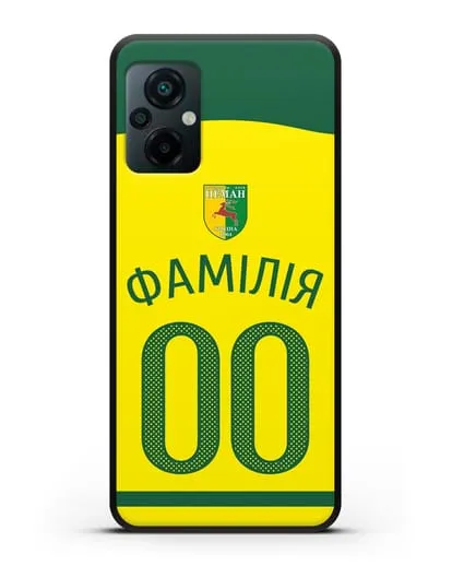 Именной чехол ФК Неман Гродно с фамилией и номером желтая форма силиконовый для Xiaomi Poco M5