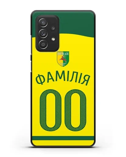 Именной чехол ФК Неман Гродно с фамилией и номером желтая форма силиконовый для Samsung Galaxy A53
