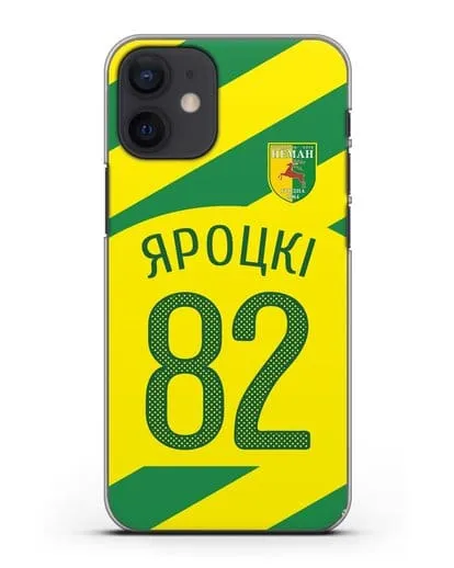 Именной чехол ФК Неман Гродно с фамилией и номером (сезон 2020-2021) гостевая форма силиконовый для iPhone 12 mini