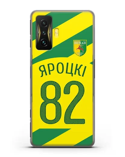 Именной чехол ФК Неман Гродно с фамилией и номером (сезон 2020-2021) гостевая форма силиконовый для Xiaomi Poco F4 GT