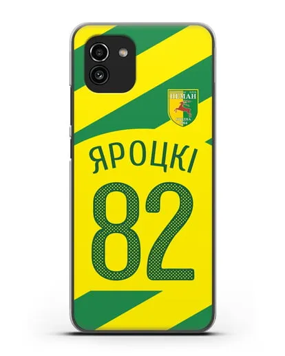Именной чехол ФК Неман Гродно с фамилией и номером (сезон 2020-2021) гостевая форма силиконовый для Samsung Galaxy A03 [SM-A035]