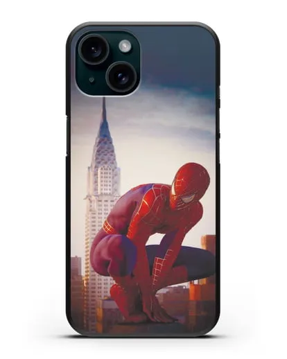 Чехол с принтом Человек-паук над городом силиконовый для iPhone 15