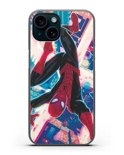 Чехол Человек-паук над ночным городом силиконовый для iPhone 15