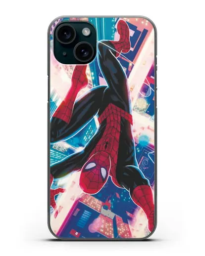 Чехол Человек-паук над ночным городом силиконовый для iPhone 15 Plus