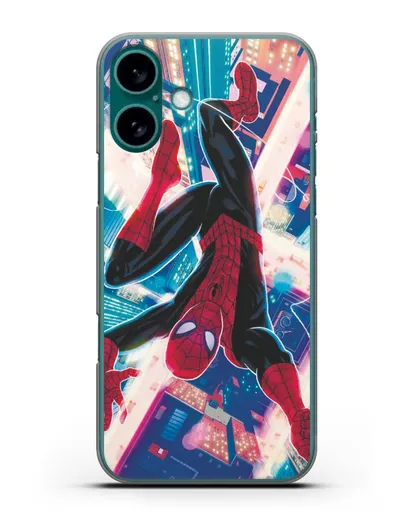 Чехол Человек-паук над ночным городом силиконовый для iPhone 16 Plus