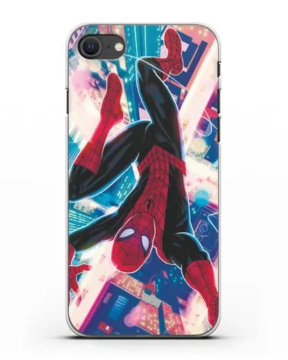 Чехол Человек-паук над ночным городом силиконовый для iPhone SE 2020