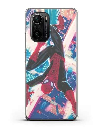 Чехол Человек-паук над ночным городом силиконовый для Xiaomi Poco F3