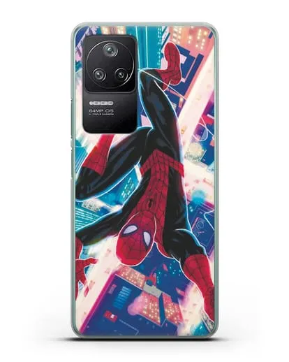 Чехол Человек-паук над ночным городом силиконовый для Xiaomi Poco F4