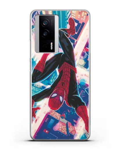 Чехол Человек-паук над ночным городом силиконовый для Xiaomi Poco F5 Pro