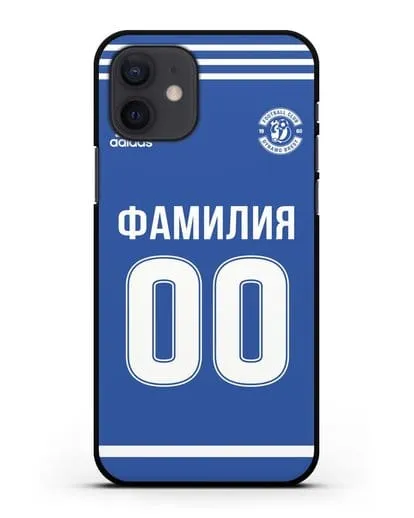 Именной чехол ФК Динамо Брест с фамилией и номером синяя форма силиконовый для iPhone 12