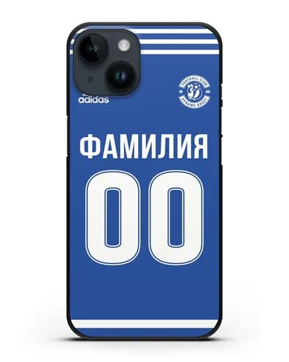 Именной чехол ФК Динамо Брест с фамилией и номером синяя форма силиконовый для iPhone 14