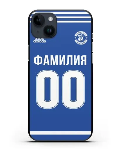 Именной чехол ФК Динамо Брест с фамилией и номером синяя форма силиконовый для iPhone 14 Plus