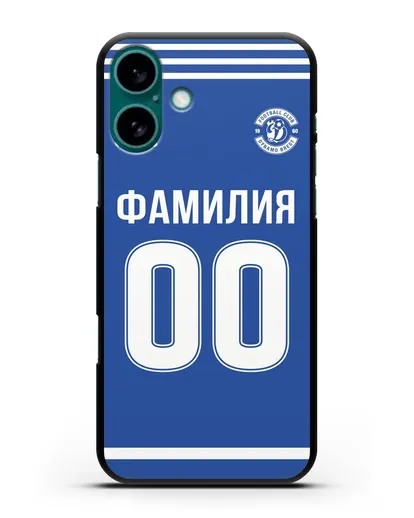 Именной чехол ФК Динамо Брест с фамилией и номером синяя форма силиконовый для iPhone 16 Plus