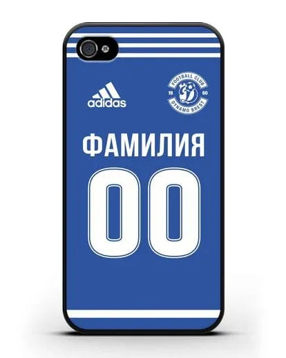 Именной чехол ФК Динамо Брест с фамилией и номером синяя форма силиконовый для iPhone 4/4s