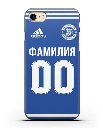 Именной чехол ФК Динамо Брест с фамилией и номером синяя форма силиконовый для iPhone 8