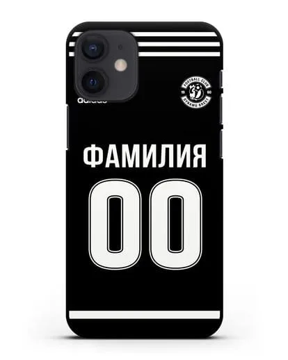 Именной чехол ФК Динамо Брест с фамилией и номером черная форма силиконовый для iPhone 12 mini