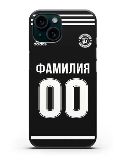Именной чехол ФК Динамо Брест с фамилией и номером черная форма силиконовый для iPhone 15