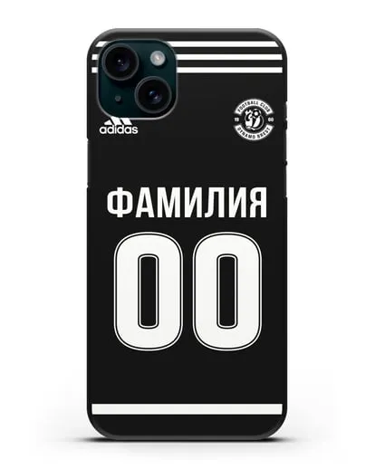 Именной чехол ФК Динамо Брест с фамилией и номером черная форма силиконовый для iPhone 15 Plus