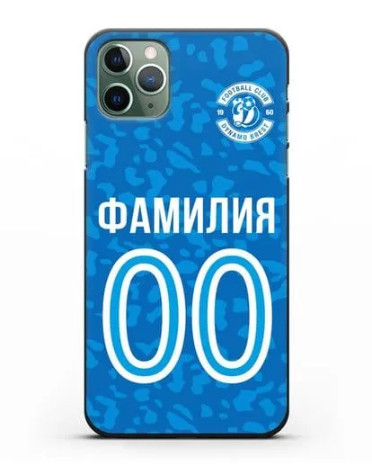 Именной чехол ФК Динамо-Брест с фамилией и номером (сезон 2020-2021) синяя форма силиконовый для iPhone 11 Pro
