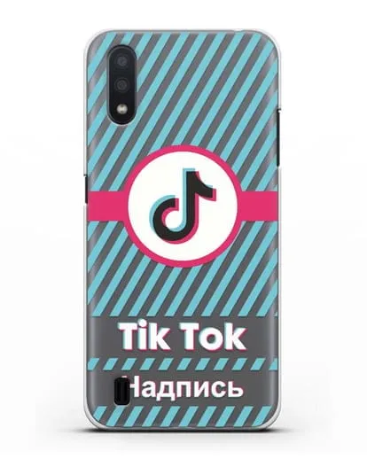 Чехол с надписью TikTok (ТикТок) - косые голубые линии силиконовый для Samsung Galaxy A01 [SM-A015F]