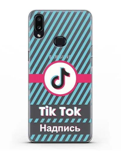 Чехол с надписью TikTok (ТикТок) - косые голубые линии силиконовый для Samsung Galaxy A10s [SM-F107F]