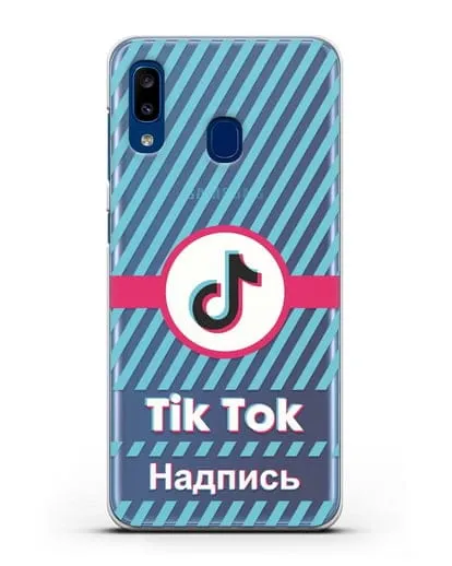 Чехол с надписью TikTok (ТикТок) - косые голубые линии силиконовый для Samsung Galaxy A20 [SM-A205FN]