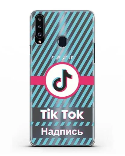 Чехол с надписью TikTok (ТикТок) - косые голубые линии силиконовый для Samsung Galaxy A20s [SM-A207FN]