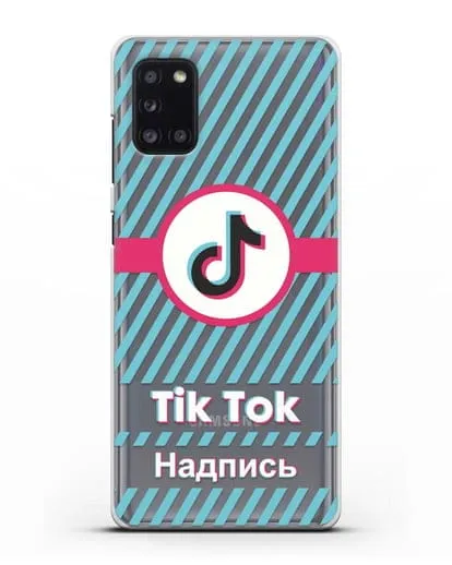 Чехол с надписью TikTok (ТикТок) - косые голубые линии силиконовый для Samsung Galaxy A31 [SM-A315F]