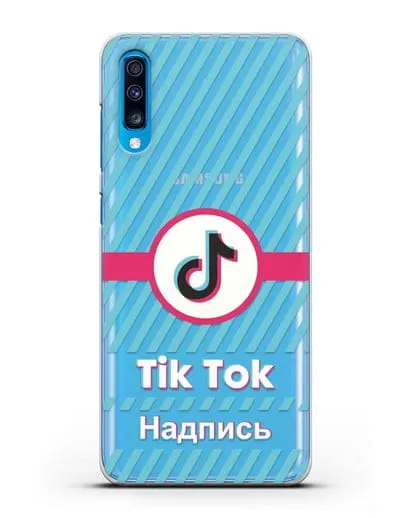 Чехол с надписью TikTok (ТикТок) - косые голубые линии силиконовый для Samsung Galaxy A70 [SM-A705F]