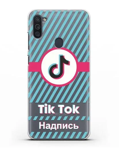 Чехол с надписью TikTok (ТикТок) - косые голубые линии силиконовый для Samsung Galaxy M11 [SM-M115F]