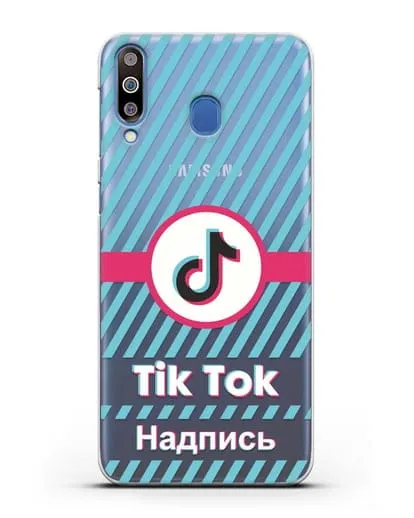 Чехол с надписью TikTok (ТикТок) - косые голубые линии силиконовый для Samsung Galaxy M30 [SM-M305F]