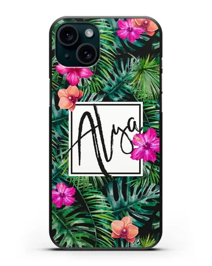Именной чехол Тропический лес силиконовый для iPhone 15 Plus