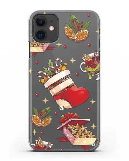Чехол с иллюстрацией Рождественский подарок и глинтвейн силиконовый для iPhone 11