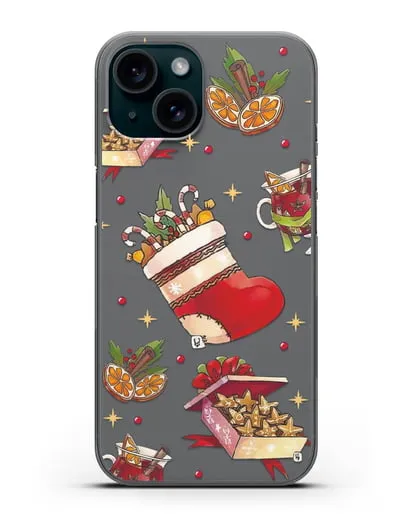 Чехол с иллюстрацией Рождественский подарок и глинтвейн силиконовый для iPhone 15