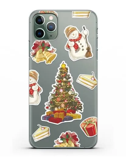 Чехол с иллюстрацией Новогодняя ёлка и снеговик силиконовый для iPhone 11 Pro