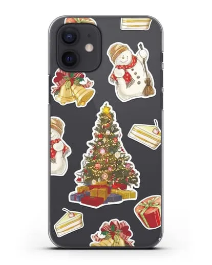 Чехол с иллюстрацией Новогодняя ёлка и снеговик силиконовый для iPhone 12