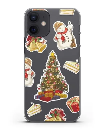 Чехол с иллюстрацией Новогодняя ёлка и снеговик силиконовый для iPhone 12 mini
