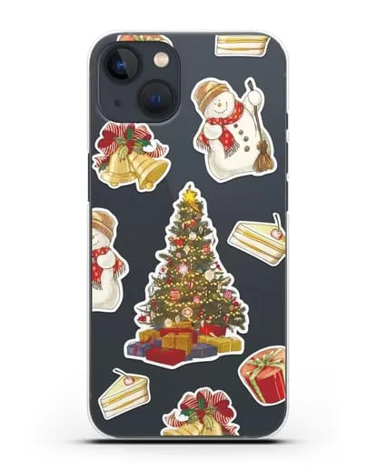 Чехол с иллюстрацией Новогодняя ёлка и снеговик силиконовый для iPhone 13