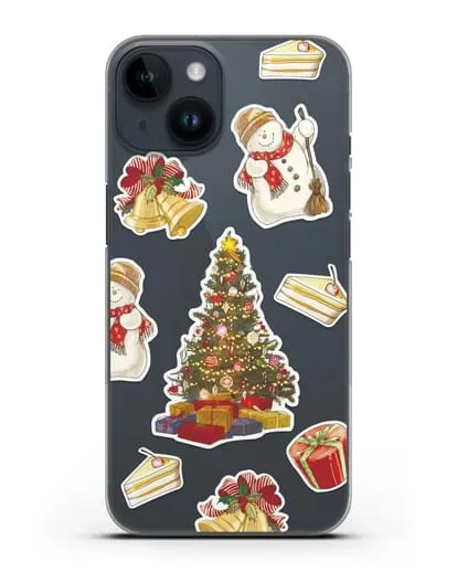 Чехол с иллюстрацией Новогодняя ёлка и снеговик силиконовый для iPhone 14